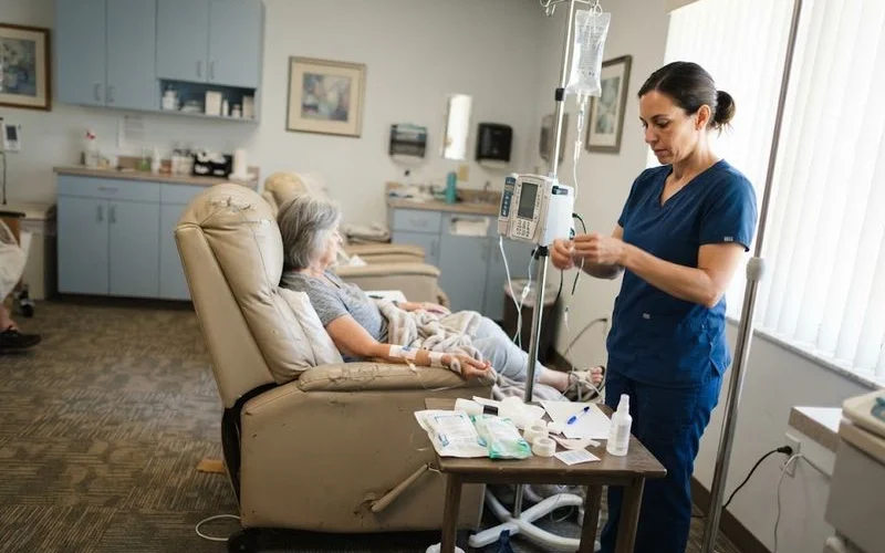 A clinical IV drip bag and tubing set up next to a comfortable treatment chair in a Florida wellness clinic