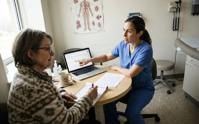 A clinic consultation room with a lab results printout and treatment plan laid out on the table between provider and patient