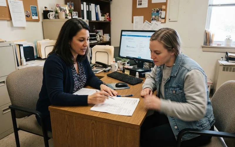 A patient reviewing a printed cost estimate and treatment plan with a clinic coordinator at a testosterone therapy office desk