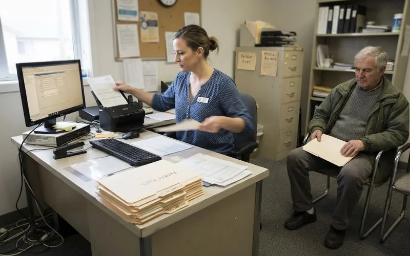 A moving box labeled medical records next to a folder of lab results and a testosterone prescription bottle