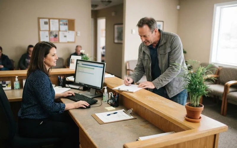 A clinic intake desk with paperwork, a pen, and a Florida driver's license being handed over at check-in
