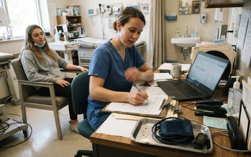 A clinic monitoring checklist with a stethoscope and blood pressure cuff on a clinical desk
